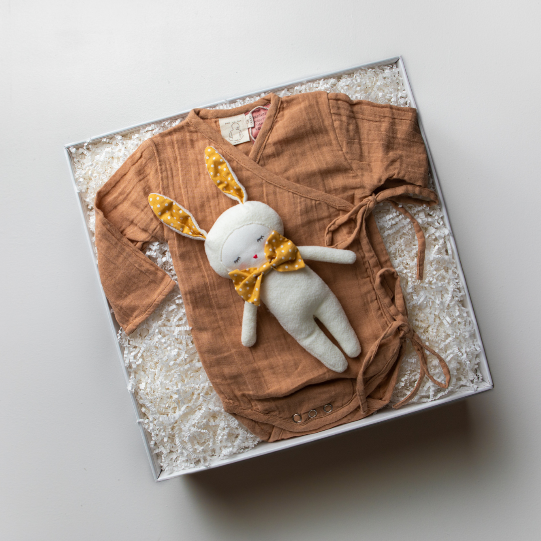 Gift box for baby. New baby gifts baby shower gifts, Gift box with kimono romper and baby bunny rattle